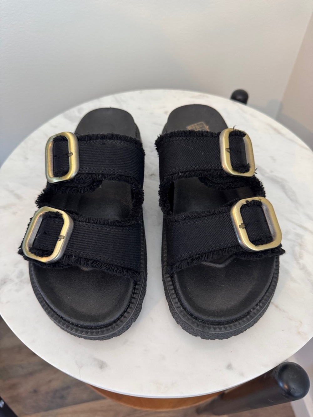 Black Double Strap Buckle Slide Sandals